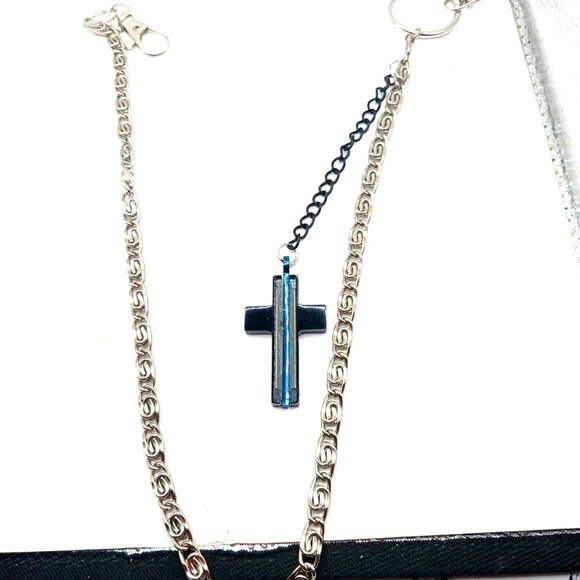 Mens Wallet Or Pants Single Layer With Black + Blue Metal Cross -20" - Picture 1 of 9